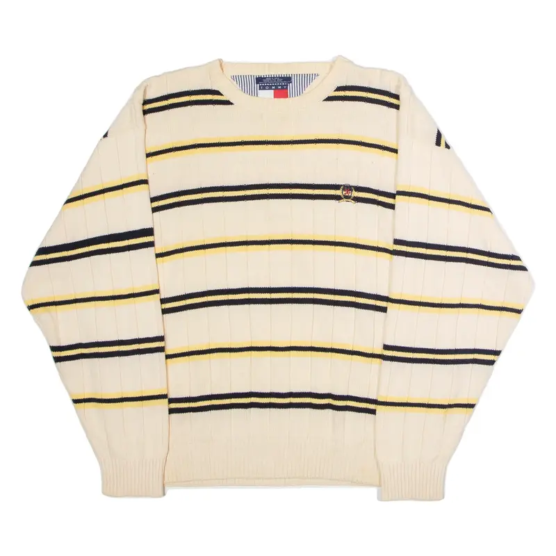 TOMMY HILFIGER Mens Patterned Jumper Cream Striped Crew Neck 90s XL
