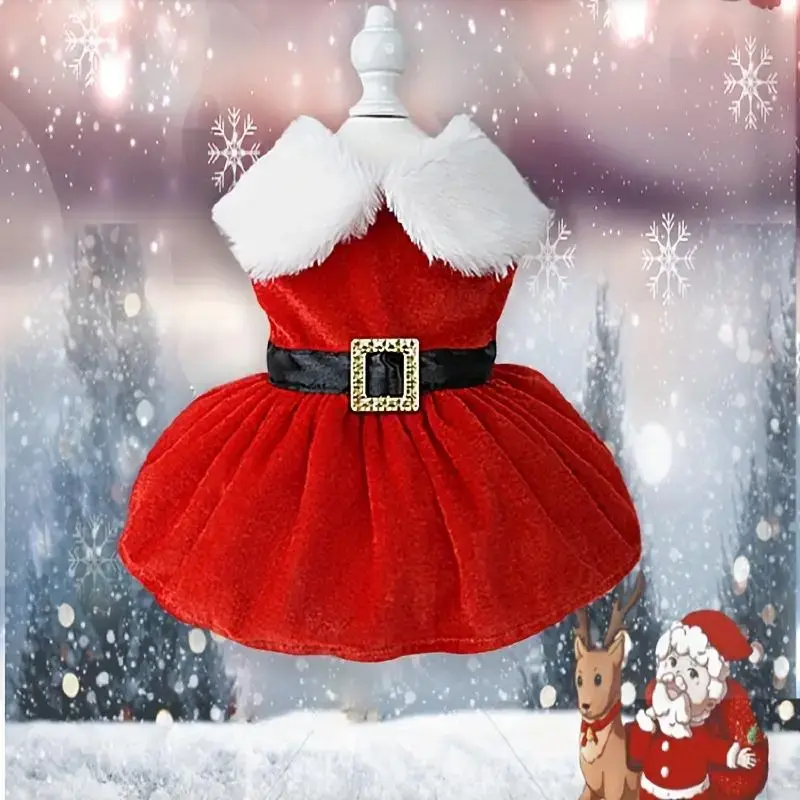 Velvet Warm Dog Dress, Christmas Costume, Xmas Santa Claus Style Belt Decor Pet Dress Dog Skirt for Holiday, Pet Decoration S...