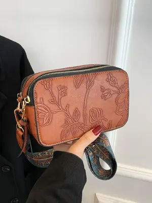 Women's Floral/Skull Pattern Square Embossed Crossbody Bag, Boho Style Zipper Shoulder Bag for Daily Used, Trendy All-match B...