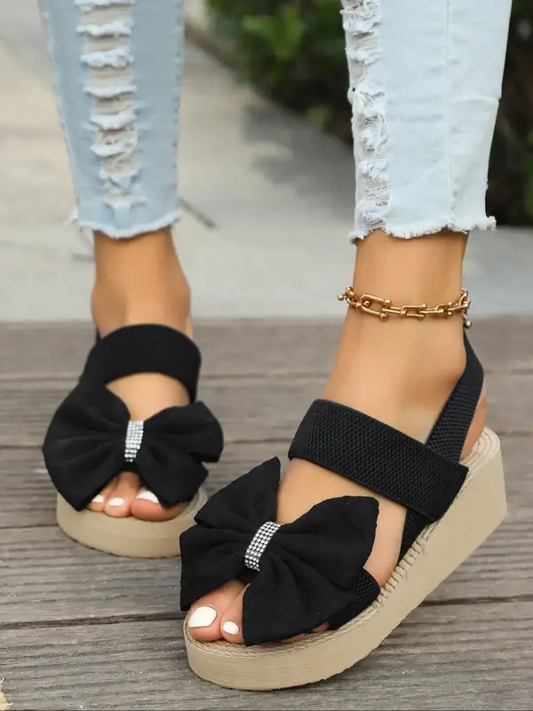 Summer 2024 Women's Bow Decorated Slip on Platform Sandals, 1 Pair Fashionable Casual Vacation Beach Sandals for Women & Girl...