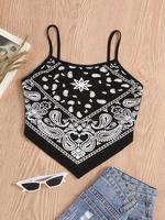 Women's Paisley Print Asymmetrical Hem Top, Fitted Breathable Bohemian Sleeveless Spaghetti Strap Cropped Top, Summer Clothes...