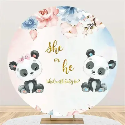 Floral Panda She Or He Round Gender Reveal Backdrop - Aperturee
