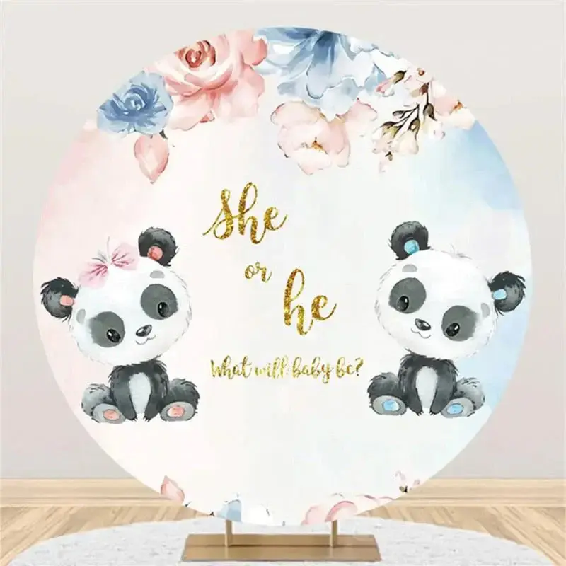 Floral Panda She Or He Round Gender Reveal Backdrop - Aperturee