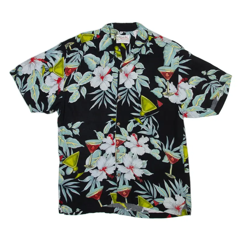 THUMBS UP Mens Hawaiian Shirt Black Floral L