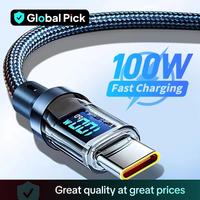100W Fast Charging Type-C Data Cable, Intelligent Digital Display Phone Charging Cable for Cellphone, Wear-Resistant Nylon Br...
