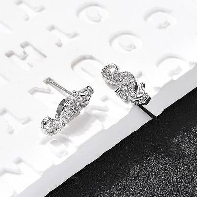 Sea Horse Brass Micro Pave Cubic Zirconia Ear Studs