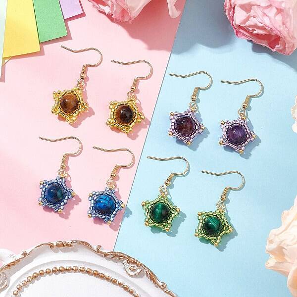 Natural Tiger Eye Star Dangle Earrings