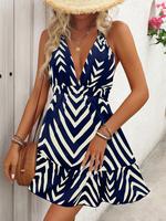 Women's Chevron Print Tie Back Dress, Fashion Casual Halter Sleeveless A Line Dress for Daily Outdoor Wear, Dresses for Women...