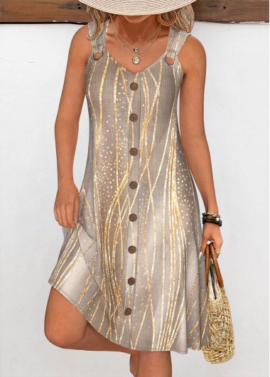 Modlily Gray Brown Tummy Coverage Dazzle Colorful Print Sleeveless Dress - S