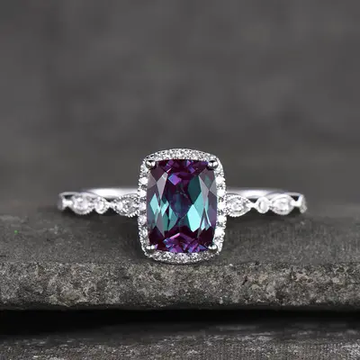 14K/18K Gold Cushion Alexandrite Diamond Halo Engagement Ring