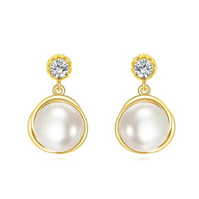14K Gold Round Cut Pearl Stud Earrings
