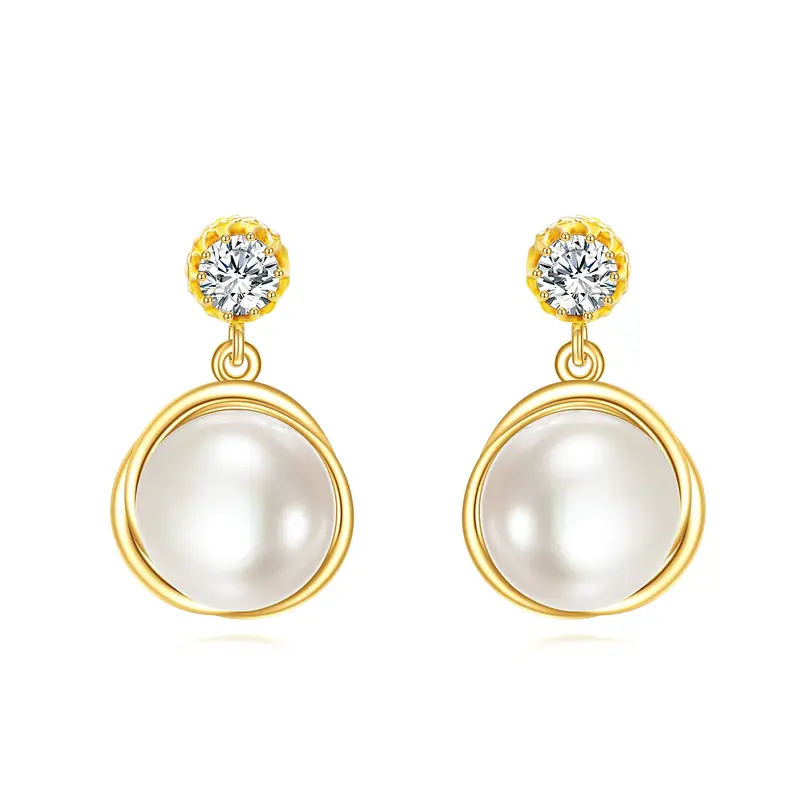 14K Gold Round Cut Pearl Stud Earrings