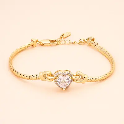 MEIITRUE 14K Gold Plated Snake Chain Bracelet for Women, Dainty Heart Zirconia Bracelet, Fashion Jewelry for Everyday Wear