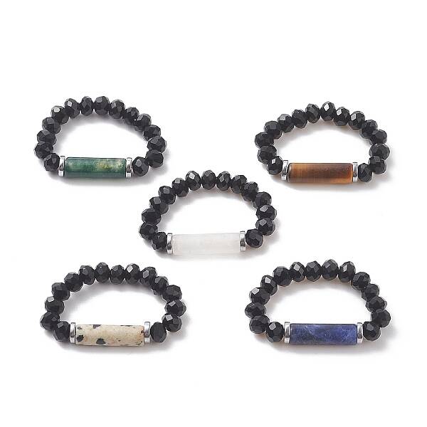 Natural & Synthetic Mixed Gemstone & Glass Column Beaded Stretch Ring for Women