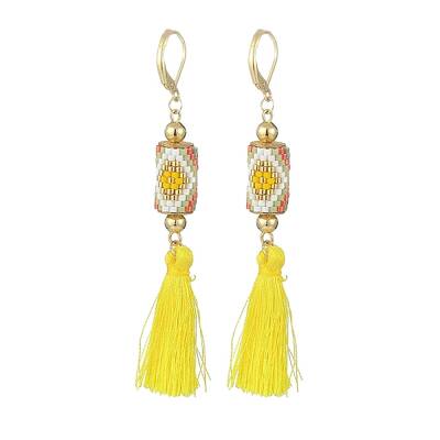 Glass Seed Braided Column with Tassel Dangle Leverback Earrings