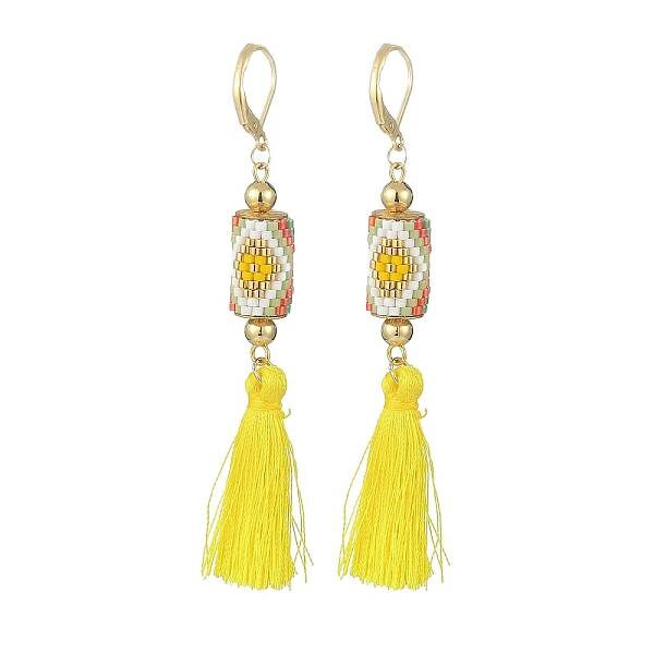 Glass Seed Braided Column with Tassel Dangle Leverback Earrings