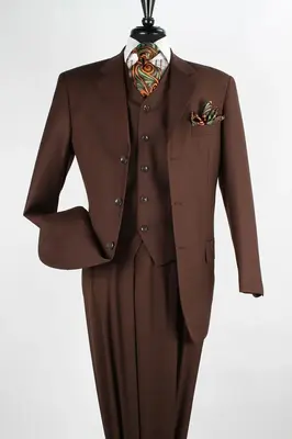 Classic Fit Men's 3-Button Vested Suit with Single Pleated Pants - Chocolate Brown