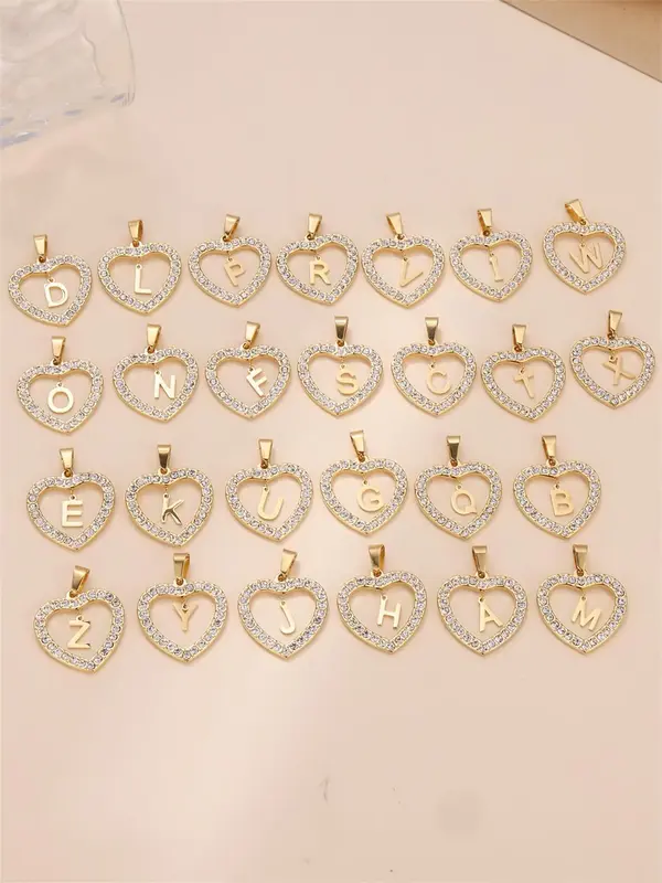 Fashion A-z Stainless Steel Heart Letter Pendant Necklace As Gift, Trendy Personalized Hollow Out Rhinestones Matching Jewelr...