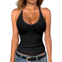 Women's Workout Tank Top with Built-in Shelf Bra-V-Neck Racerback Ribbed Cami for Gym, Yoga, Running
