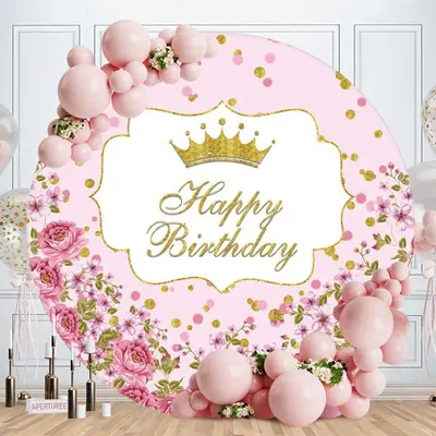 Aperturee Circle Crown And Flower Happy Birthday Backdrop