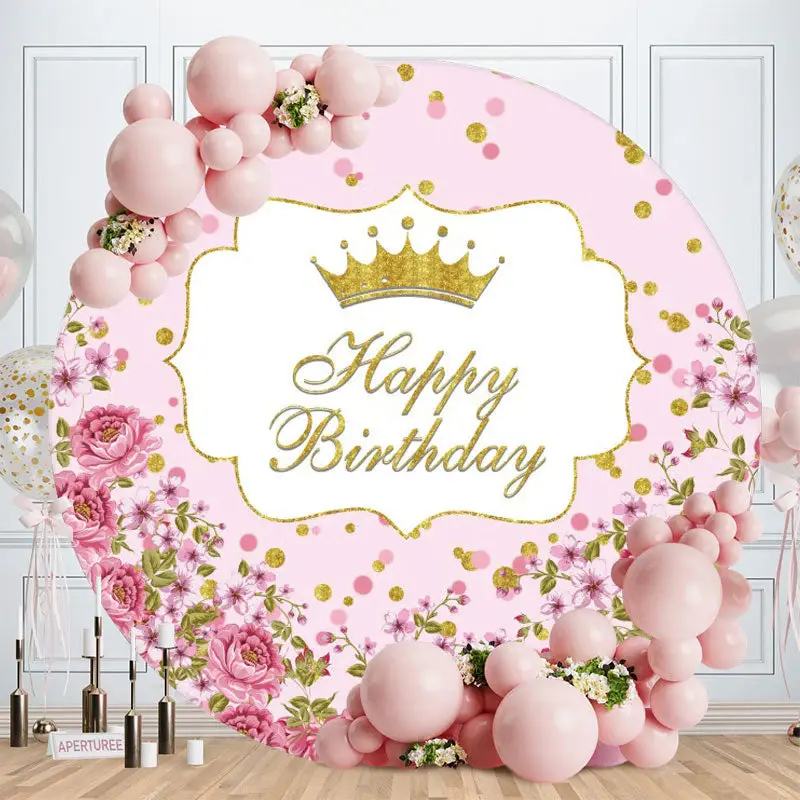 Aperturee Circle Crown And Flower Happy Birthday Backdrop