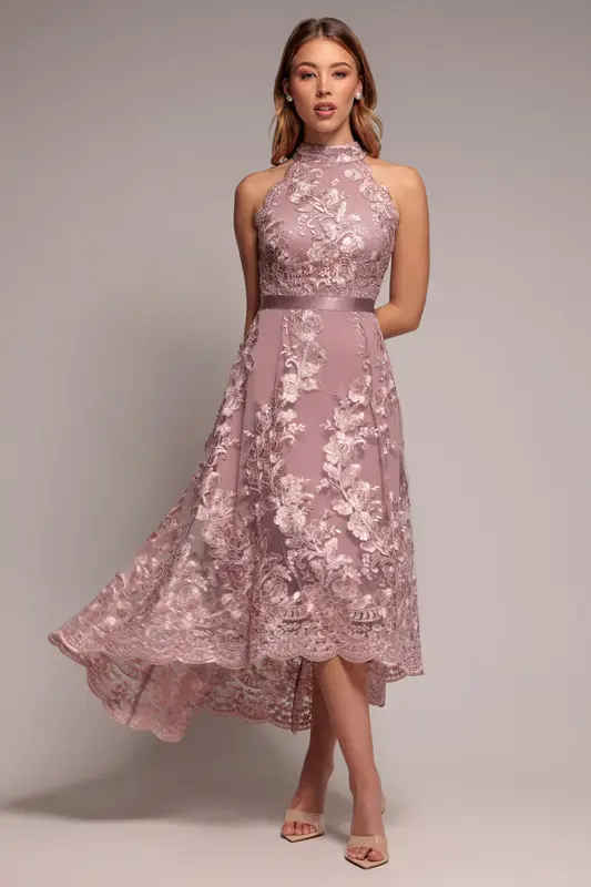 Goddiva Halter Neck Lace High And Low Dress - Pink