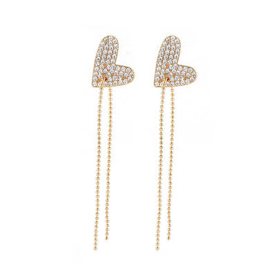 Real 18K Gold Plated Heart with Long Tassel Stud Earrings