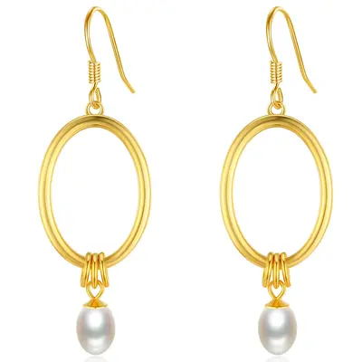 Sterling Silver With Yellow Gold Plated Oval Pearl Drop Earrings For Women