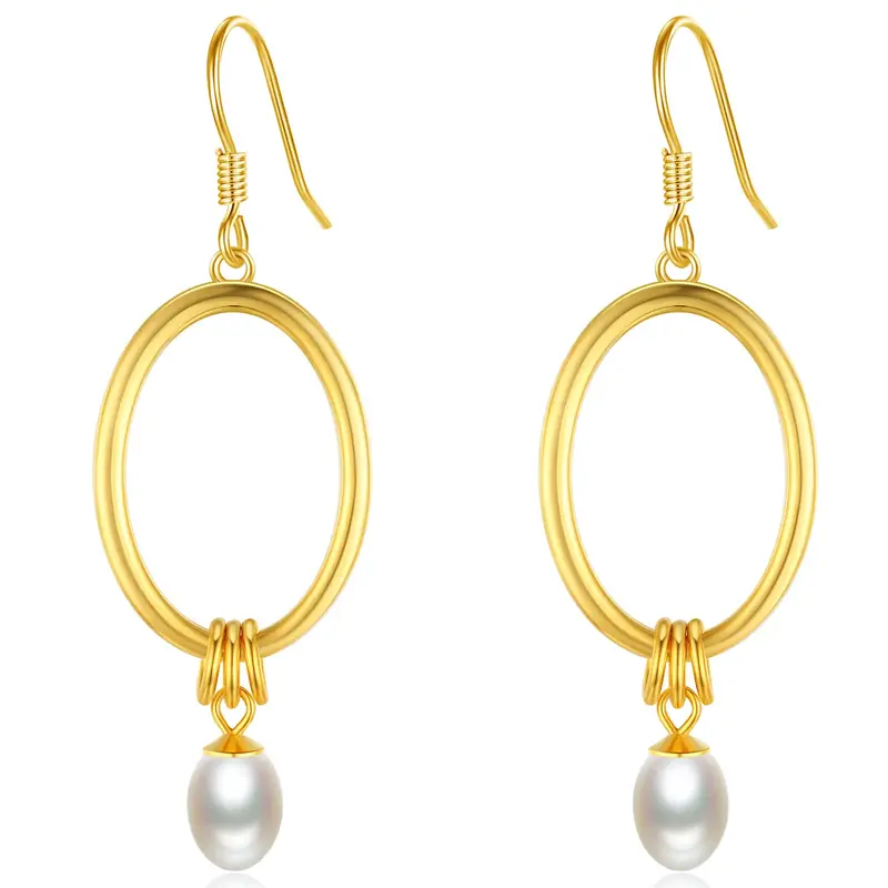 Sterling Silver With Yellow Gold Plated Oval Pearl Drop Earrings For Women