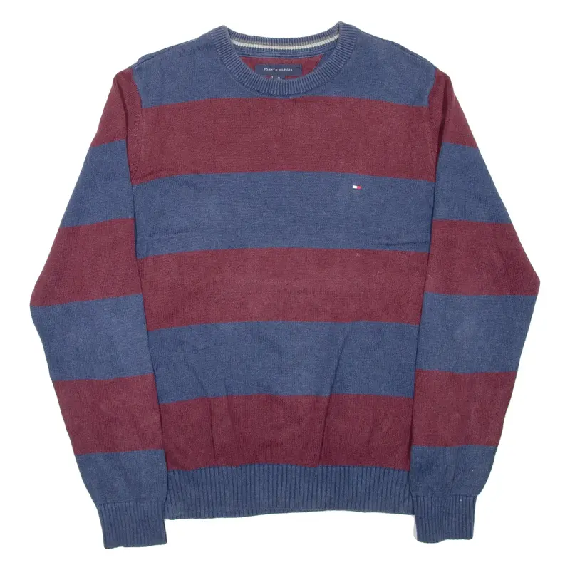 TOMMY HILFIGER Mens Patterned Jumper Maroon Striped Tight Knit M