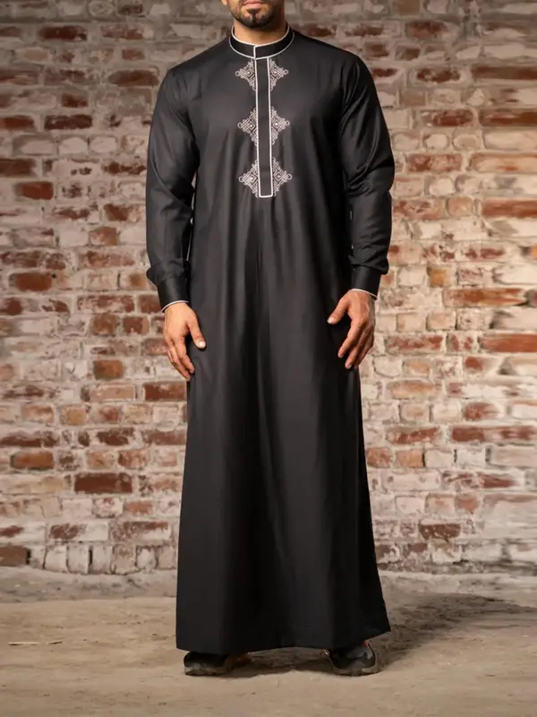 Men's Embroidery Ethnic Pattern Contrast Binding Long Sleeve Kaftan, Loose Stand Collar Long Dress for Men,  Men's Islamic Cl...