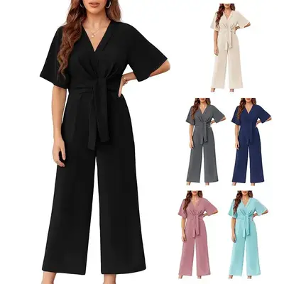 Imily Bela Womens Wide Leg Jumpsuits Short Sleeve V Neck Tie Knot High Waist Summer Long Romper