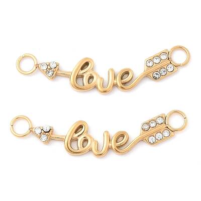304 Stainless Steel Crystal Rhinestone Word Love Connector Charms
