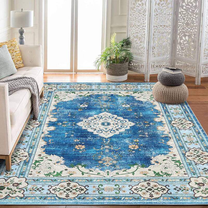 Garvee 5x7 Washable Area Rug Blue Large Boho Vintage Distressed Oriental Carpet Floral Non Slip for Living Room Bedroom Kitch...