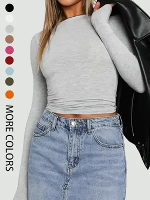 Women's Plain Round Neck Long Sleeve Crop Tee, Casual Solid Crew Neck T-shirt for Spring & Fall, Women's Top for Daily Wear