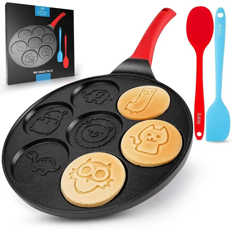 Zulay Kitchen Pancake Pan with 7 Animal Face Designs & 2 Spatulas - Round Nonstick Ceramic Griddle with Comfortable Handle fo...