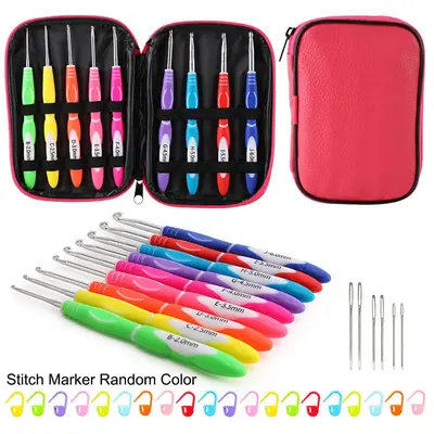 Crochet Set, 36pcs/set Multi-color Rubber Grip Knitting Needles with Storage Box & Crochet Accessories & Random Color Marking...