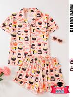 Women's All Over Cartoon Sushi Print Short Sleeve Pajama Two-piece Set, Casual Comfy Button Front Chest Pocket Design Lapel N...