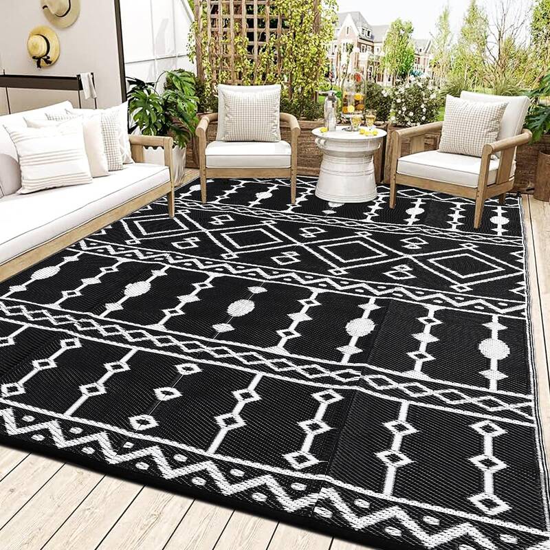 Garvee Outdoor Black & White 9x18 Plastic Straw Rug Waterproof UV-Resistant Durable Heat-Treated Edges Black & White for Pati...