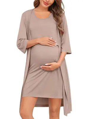 SWOMOG Women Maternity Nursing Gown and 3/4 Sleeve Robe Set Labor Delivery Nightgown Breastfeeding Hospital Bathrobe Clothing...