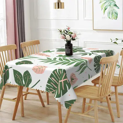 Pink Green Leaves Spring White Rectangle Tablecloth - Aperturee