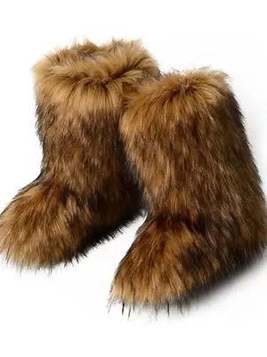 Women's Solid Color Faux Fur Boot, Fluffy Ankle Snow Boots, Warm Comfortable Outdoor Flat Shoes for Cold Winter, Trending Sho...
