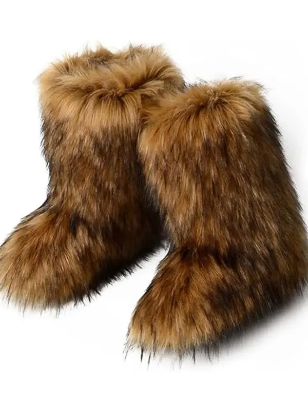 Women's Solid Color Faux Fur Boot, Fluffy Ankle Snow Boots, Warm Comfortable Outdoor Flat Shoes for Cold Winter, Trending Sho...