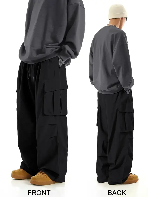 Unisex's Solid Pocket Drawstring Waist Cargo Pants, Loose Casual Elastic Waist Wide Leg Trousers for Daily Wear, Mens Pants, ...