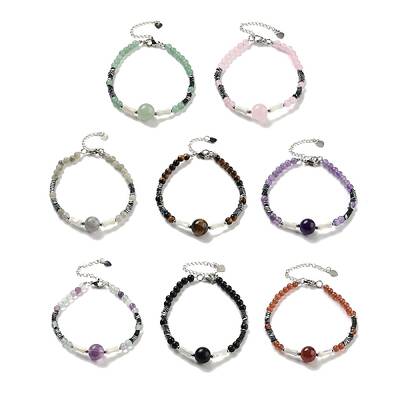 Natural Mixed Stone Round & Synthetic Non-magnetic Hematite & White Shell Beaded Bracelets for Women