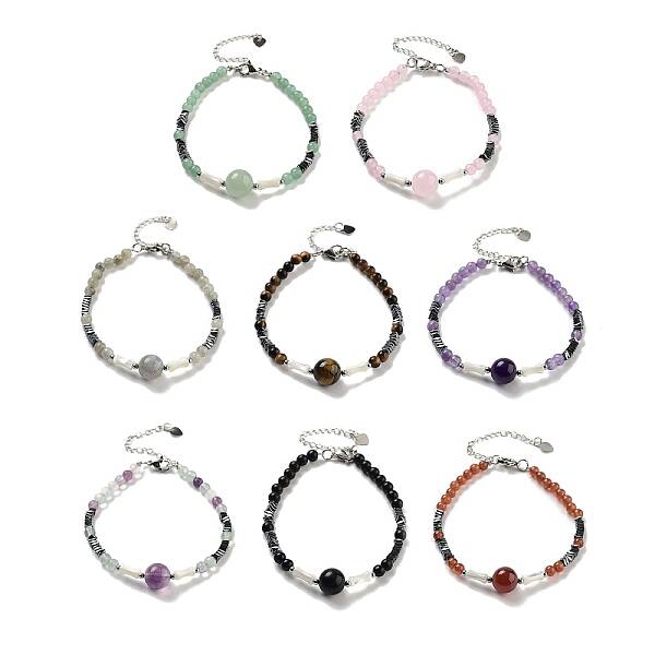 Natural Mixed Stone Round & Synthetic Non-magnetic Hematite & White Shell Beaded Bracelets for Women
