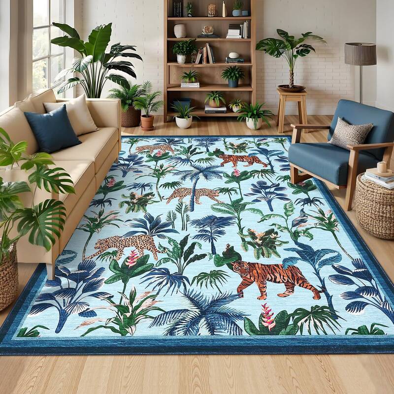 Garvee Blue Tiger 8x10 Area Rug Washable Non-Slip Low Pile Polyester Stain-Resistant Foldable for Living Room Bedroom Office ...