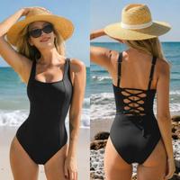 Women Casual Plunging Slim & Sculpt Swimsuit Lace-Up Back Tummy Control Adjustable Straps One-Piece Removable Soft Cups Swimw...