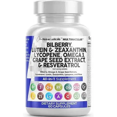 Eye Health Vitamins with Bilberry Lutein & Zeaxanthin Lycopene Resveratrol Grape Seed Extract Omega 3 Astaxanthin - Eye Vitam...
