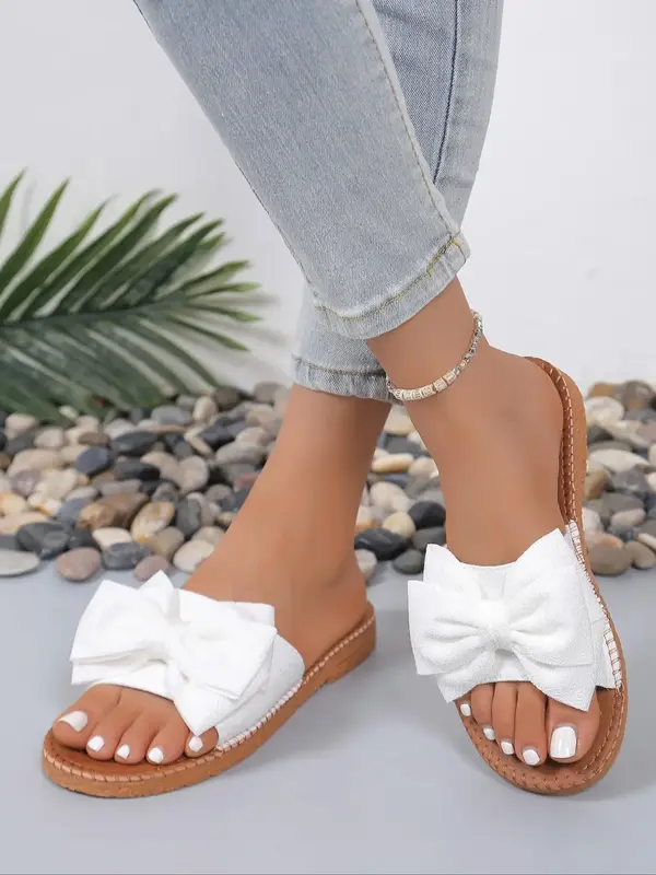 Women's Bow Decor Slip on Flat Sandals, Casual Comfortable Open Toe Sandals for Summer, Boho Style Women's Shoes for Beach B...